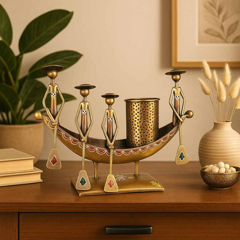 Handcrafted Kerala Boat Shaped Metal Showpiece with Pen Stand