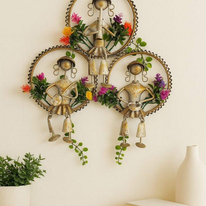 Iron 3 Cap Lady Wall Art | Vertical Metal Frame | 35 Inch | Rajasthani Home Décor
