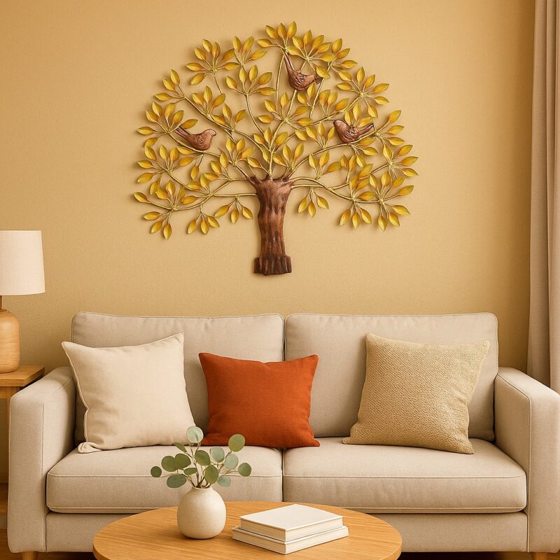 Big Metal Tree Wall Hanging Decor with LED Light, Golden & Multicolored for Home, Living Room, Dining Room, Bedroom, Office Décor