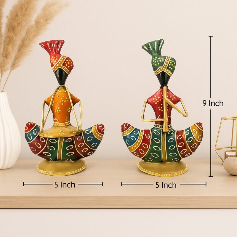 Iron Handpainted Rajasthani Musician Showpiece Set for Home Decor – 9 Inch (Set of 2)