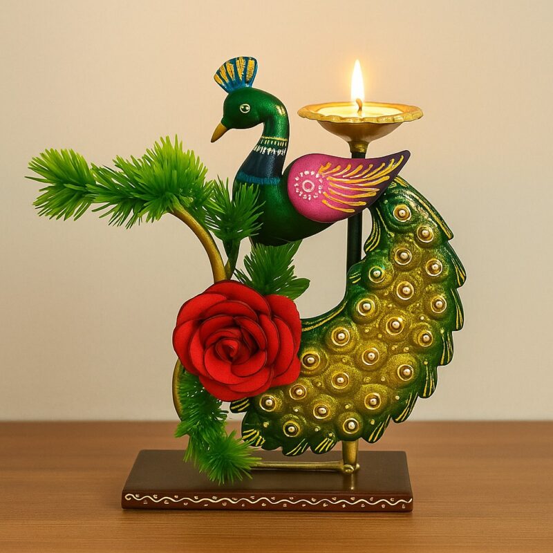 Handcrafted Iron / Metal Peacock Showpiece with Diya | Decorative Peacock Figurine with Lamp for Home, Office & Living Room Décor