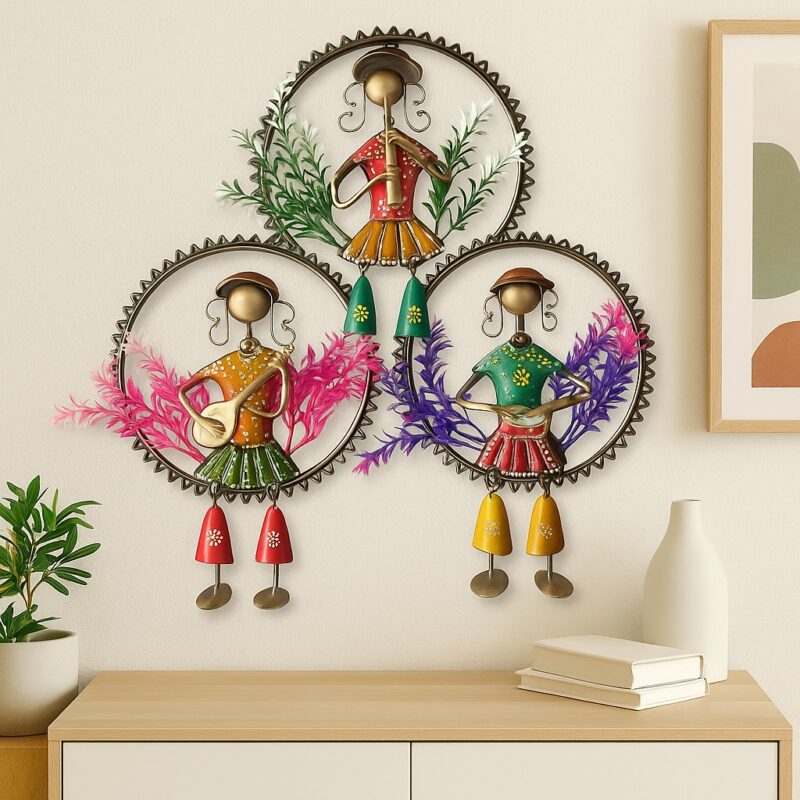 Rajasthani Ethnic Handcrafted 3 Cap Lady Vertical Frame | Powder Coated Metal Wall Decor | High Gloss Finish Showpiece for Home, Bedroom, Living Room, Office & Lobby